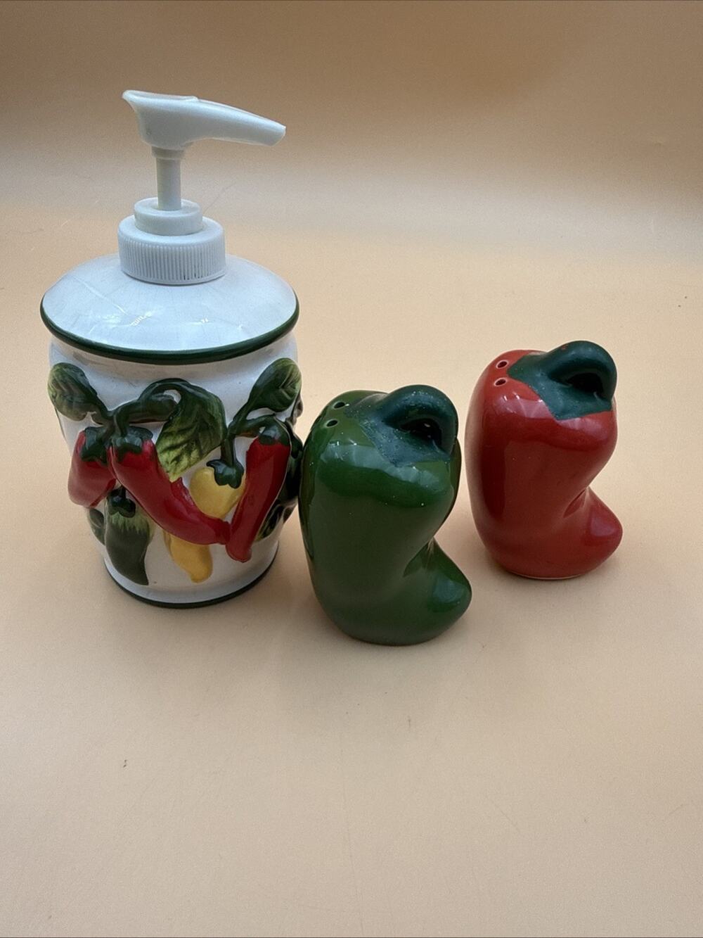 VTG Chili Pepper Salt and Pepper Shaker Set With Soap Dispenser